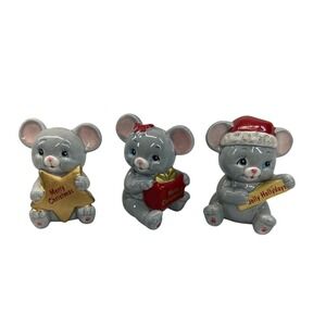 Vintage Russ Berrie Christmas Mice Figurines Grey Ceramic Set of 3